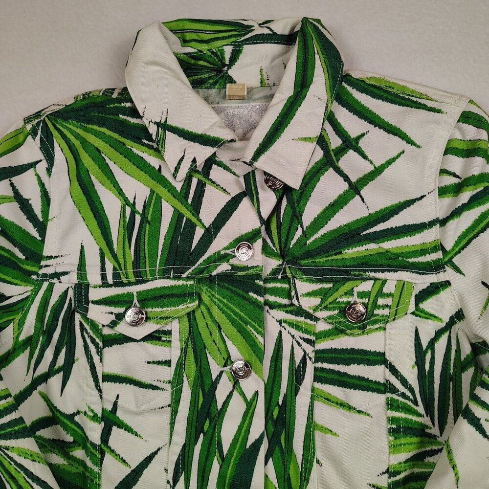 Michael Kors Denim Jacket Womens 4 White Green Palm Leaf Print - Picture 3 of 12